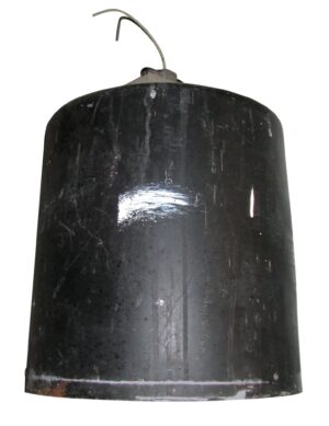 Industrial cylinder light with a curved hanging wire and a large black steel housing shown front view.