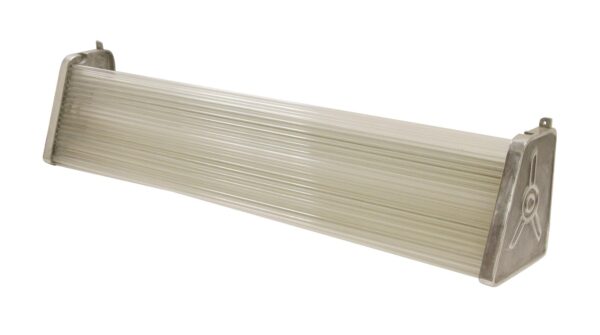 Industrial wall light with a clear ribbed glass tube and nickel Art Deco frame, shown at an angle.