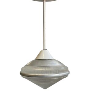 Pendant light with a pointed holophane cone globe, clear glass, and a white top cap on a metal stem.