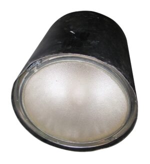 Industrial cylinder light with a black steel housing and a pebbled Fresnel glass lens.