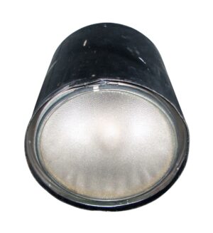 Industrial cylinder light with a pebbled Fresnel lens shown in a front view.