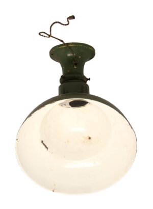 Angled flush mount light with a green steel shade and white interior, shown in a close-up view with chain wiring visible.