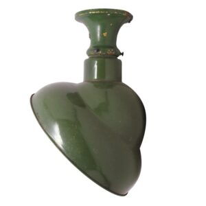 Angled flush mount light with a green steel shade shown in close-up.