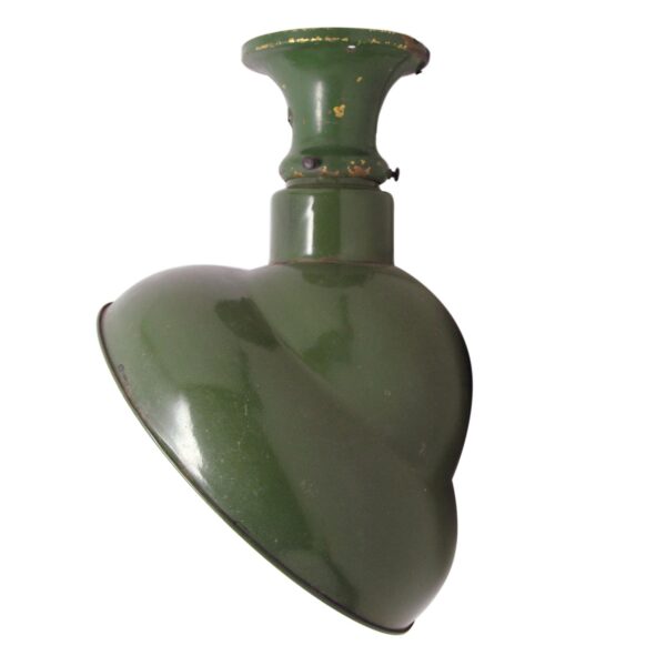 Angled flush mount light with a green steel shade shown in close-up.