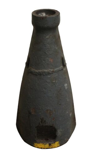 Gray cast iron industrial base with a tapered body, narrow top opening, and worn paint with chipped areas near the bottom.