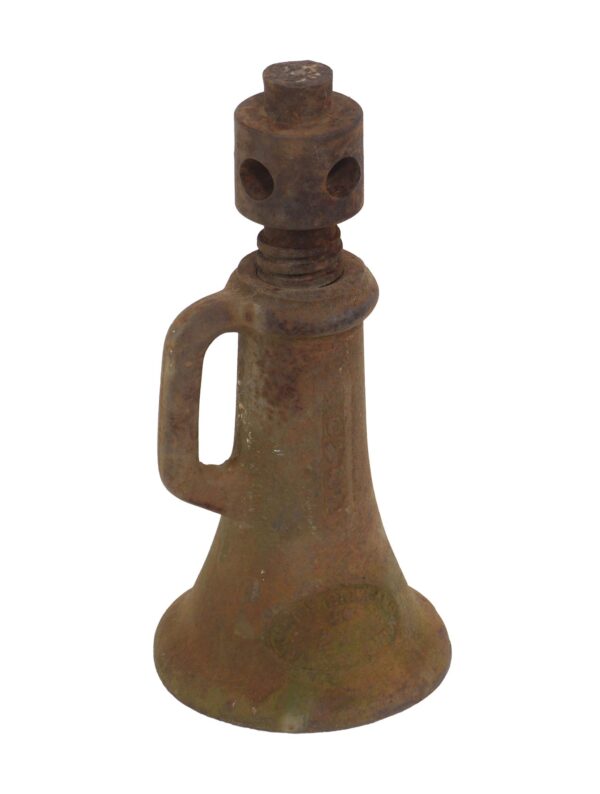Cast iron bottle jack with a handle and threaded top section, shown in a close-up view of the full object.