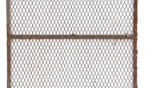 Rusty wrought iron mesh panel with a rectangular frame and diamond pattern, shown front on with a horizontal support bar across the middle.