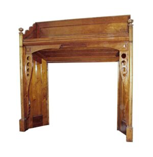 Traditional built-in mantel with a dark wood tone and geometric side detail, shown front on.