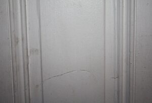 Close-up of a white four-panel passage door showing the center panels and a visible crack near the lower section.