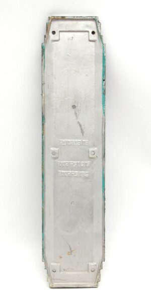 Back view of a vintage 15-inch aluminum door push plate with embossed mounting points and Detroit inscription, shown vertically with visible surface wear and scratches.