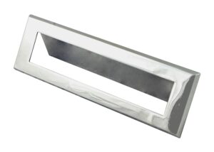 Stainless steel finished door letter slot shown at an angle, with a long rectangular opening and raised frame.