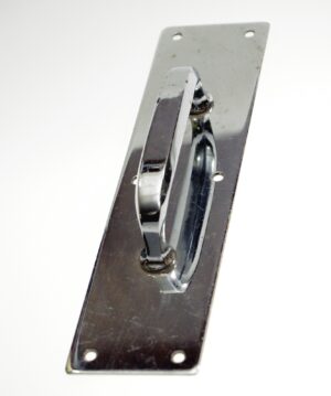 Chrome-plated door pull with a plate-centered handle and four mounting holes.