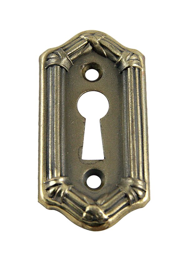 Antique brass keyhole cover with a rope pattern around the edges and keyhole openings.