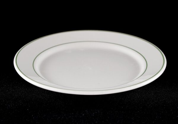Round white ceramic plate with green trim and a stamped A-12 mark.