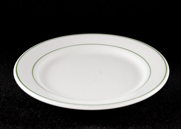 White round dinner plate with green trim shown from above.