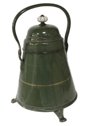 Green enameled metal pot with a curved handle, gold painted details, and a white ceramic knob on the lid.