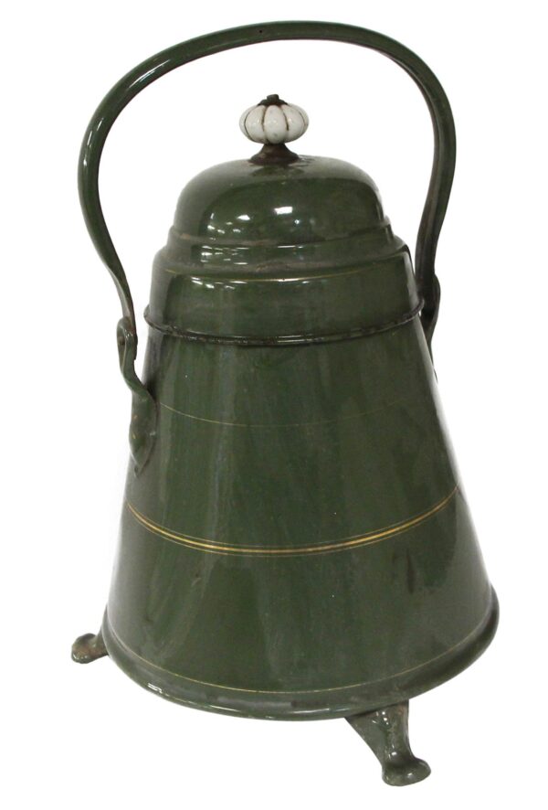 Green enameled metal pot with a curved handle, gold painted details, and a white ceramic knob on the lid.