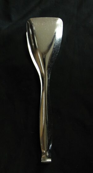 Stainless steel bread tongs shown vertically in a close-up view.