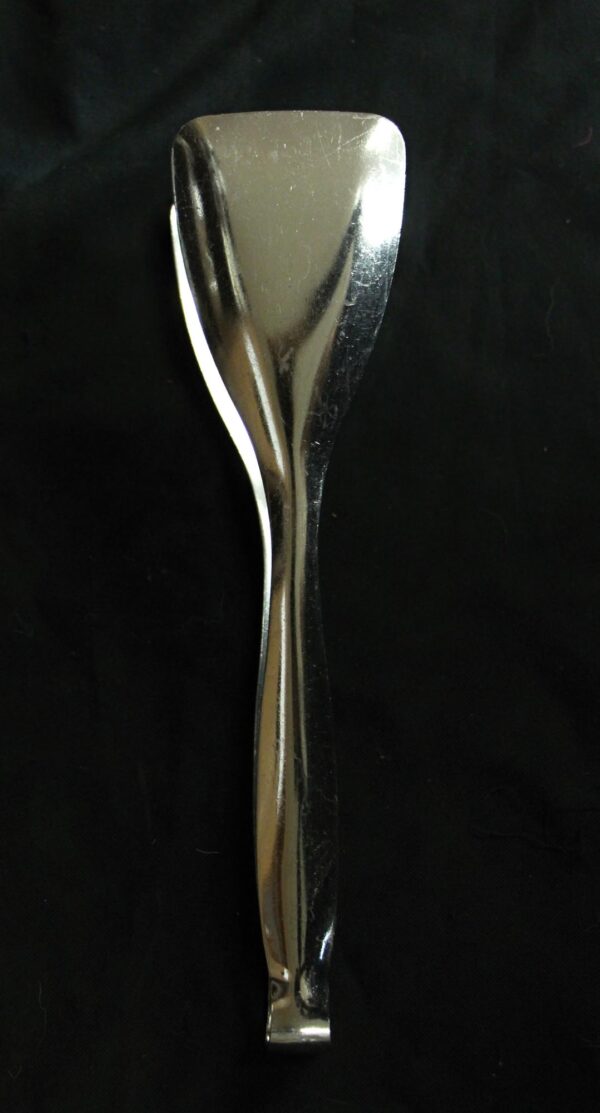 Stainless steel bread tongs shown vertically in a close-up view.