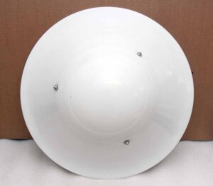Round white glass shade shown front on with three visible mounting screws.