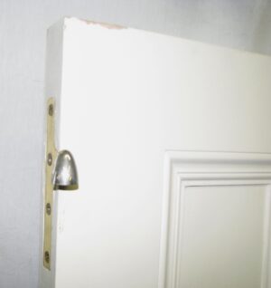 White passage door shown in close-up with a plain side, edge hardware visible along one side, and a raised panel section partially visible at the lower right.