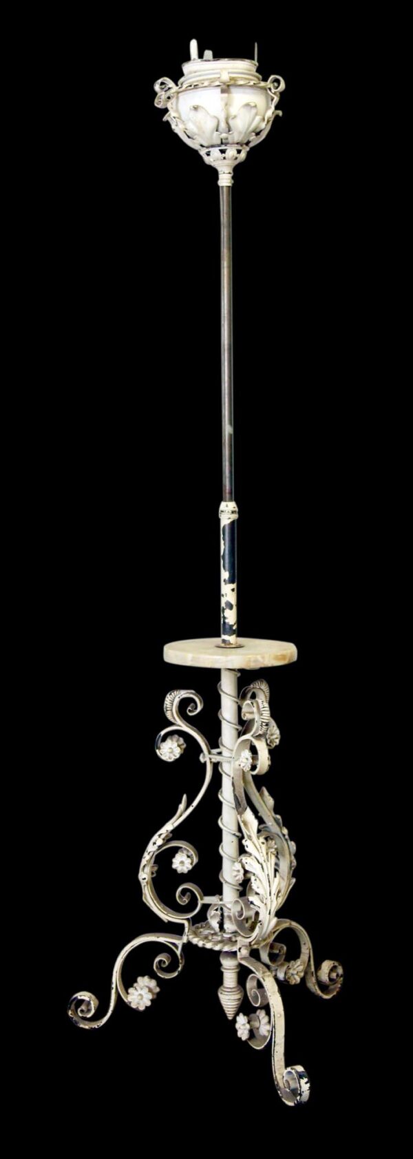 Shabby chic floor lamp with a white cast iron base and onyx detail, shown without a top shade.