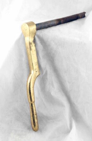 Polished brass door lever shown in a side view with a long curved handle and threaded mounting shaft.