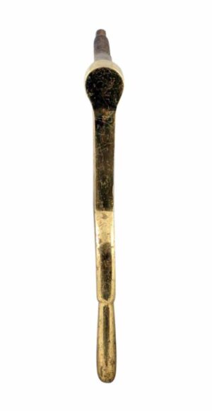 Polished brass door lever shown vertically, with the handle and mounting stem visible.