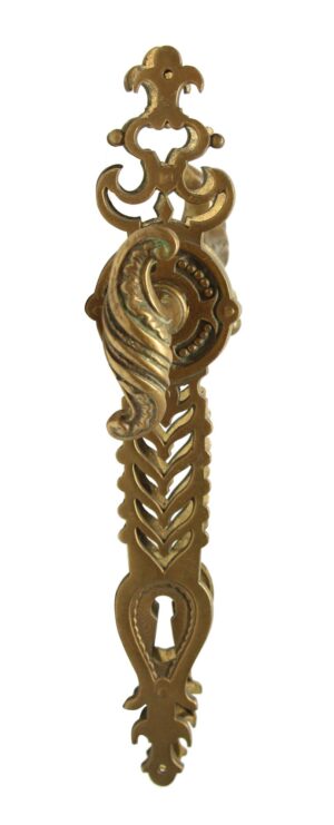 Antique bronze French door handle back plate with ornate cutout detailing and a keyhole opening, shown vertically.