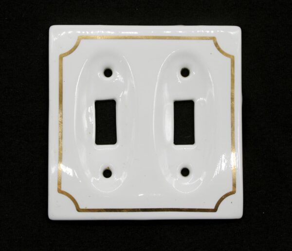 White ceramic two-gang switch cover with gold outlining and two rectangular openings.