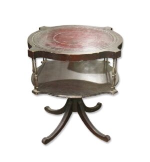 Antique 1940s traditional round side table with a dark wood tone, leather-inlaid top, and curved pedestal base, shown from above at an angle.