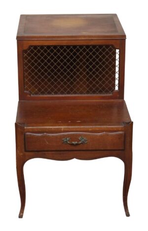 Brown vintage side table with a leather top, mesh-front cabinet section, and a single drawer with metal handle.