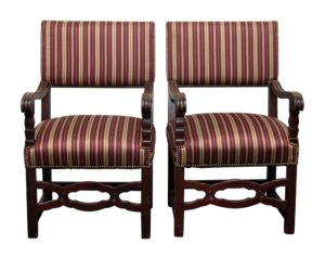 Pair of striped chairs with dark wooden frames, upholstered seats and backs, and carved lower stretchers, shown side by side.