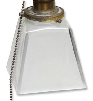 Close-up of a chandelier shade with antique brass hardware and a square frosted glass down shade, shown with a pull chain.