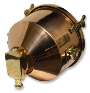 Large industrial ship signal light replica with a copper finish, brass fittings, and a circular front view.