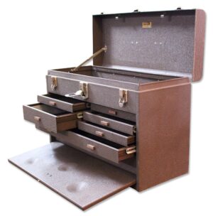 Gray metal tool box with a flip top open, front sliding drawers pulled out, and a front access panel folded down.