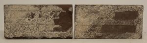 Pair of brown ceramic tiles shown side by side, with visible age-related imperfections, chips, and scrapes.