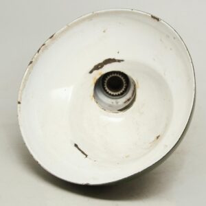 Angled steel flush mount light shade shown from below with visible wear and chipped enamel around the rim and socket opening.