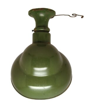 Vintage green steel flush mount light with an angled shade and pull chain.