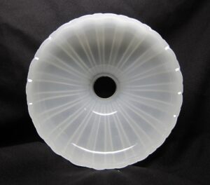 White milk glass pendant shade with a fluted scalloped rim and central fitter opening, shown from below.