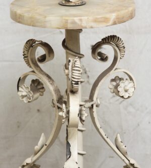 Shabby chic white iron floor lamp with onyx detail, shown in close-up without a top shade.