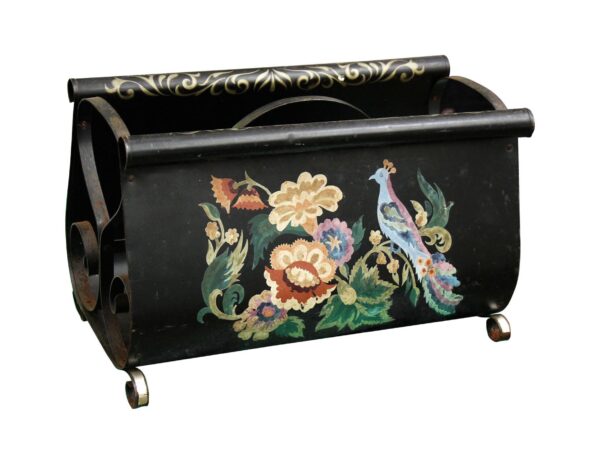 Magazine Racks - Vintage Hand Painted Black Floral Metal Magazine Holder