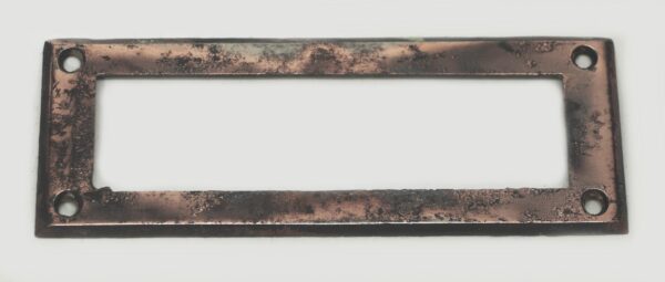 Polished brass letter slot back plate with a rectangular opening and four corner screw holes.