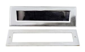 Stainless steel finished mail slot with a rectangular front plate and matching interior plate shown below.