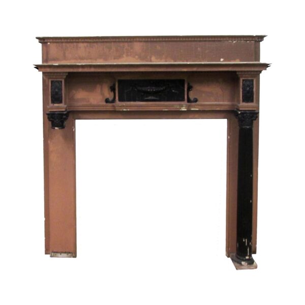 Victorian wooden wall mantel with a carved urn motif, shown front on with the left fluted column missing and black decorative panels.
