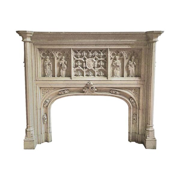 Antique Reclaimed Neo-Gothic Carved Tan Marble Mantel | Olde Good