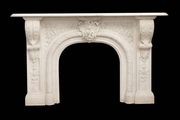 Marble Mantel - Heavily Carved Victorian Arched Statuary Marble Mantel