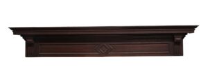 Dark wood tone oak header with a carved center detail and a wide molded top edge.
