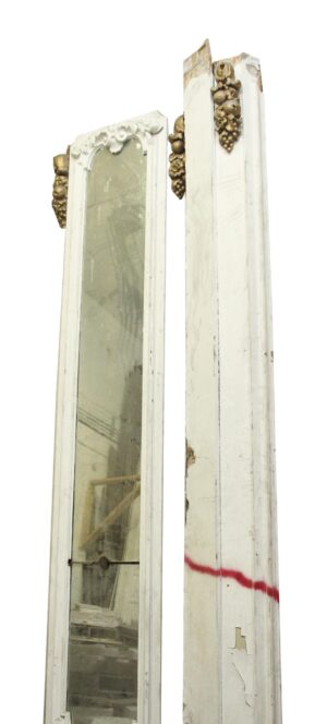 Tall narrow Victorian mirror with white wood framing, gold grape details, and a long mirrored panel shown beside a matching side panel.