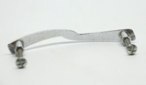 Pair of chrome bridge drawer pulls with arched centers and mounting screws, shown as a pair.